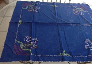 Vintage Embroidered Tablecloth Dark Blue Multicolor Floral Flowers - Picture 1 of 7
