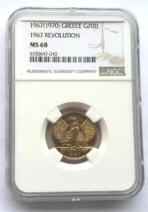 Greece 1967(1970) Revolution 20 Drachmai NGC MS68 Gold Coin,UNC - Picture 1 of 2