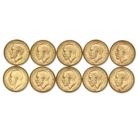 British Lot of 10 1918 Gold Sovereign George V Brilliant Uncirculated coins Cover