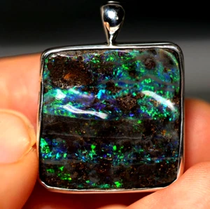 Australian Natural Queensland Solid Boulder Opal Silver 925 Pendant Hallmarked - Picture 1 of 7