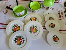14 Vintage Chilton Toys Kitchen Dish Set Plates apple pretend metal pots pans t5