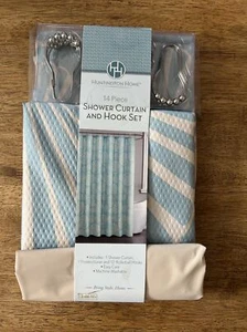 Huntington Home Shower Curtain And Hook Set Cream & Blue She’ll Marine 72”x72” - Picture 1 of 7