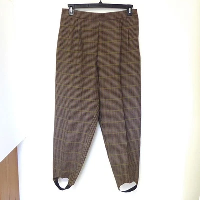 1980s Vintage Casablanca brown navy red plaid pleated front stirrup pants sz 14 - Image 1 of 4