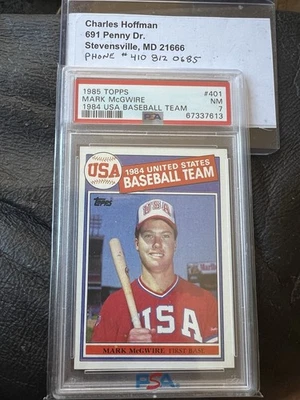 Equipo de béisbol 1985 Topps 1984 Estados Unidos #401 Mark McGwire novato radiocontrol PSA 7 Foto 1 de 4