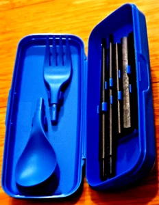 Tupperware Blue Children Cutlery Set: Spoon, Fork and Chopsticks, never used. - Picture 1 of 7