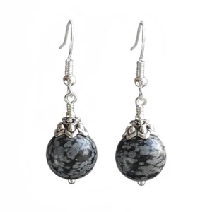 Round Snowflake Obsidian Black Gray Dots Earrings 925 Sterling Silver Hooks - Picture 1 of 4