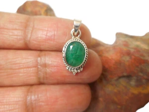 Small Green Oval Emerald Sterling Silver 925 Gemstone Pendant - Picture 1 of 6