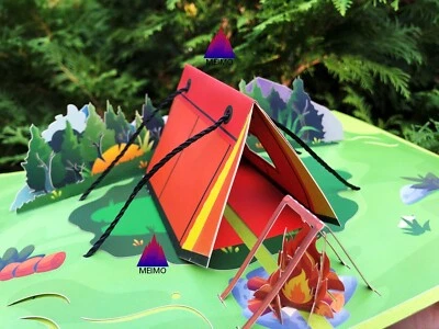 Tarjeta de felicitación emergente 3D camping hoguera al aire libre naturaleza vacaciones familia amigos Foto 1 de 4