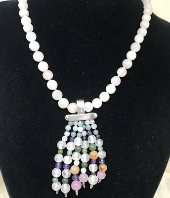 COLLANA  QUARZO ROSA CON NAPPINA REMOVIBILE ARGENTO 925 E QUARZI COLORATI - Immagine 1 di 4