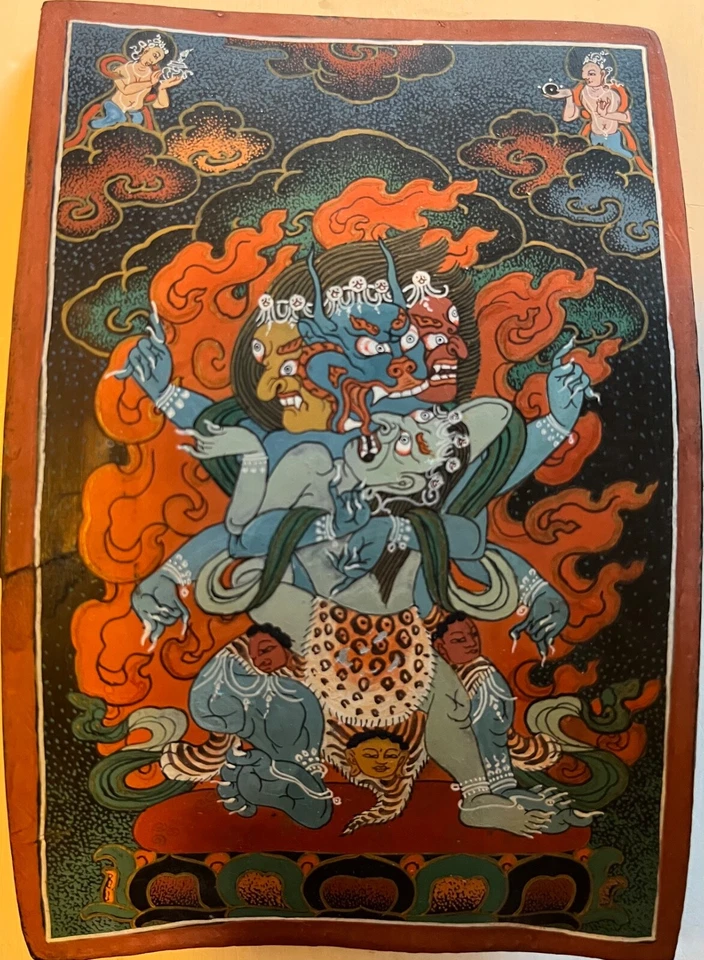 Thangka tibetano pintado en cuerno Yamantaka en unión padre-madre Foto 1 de 4