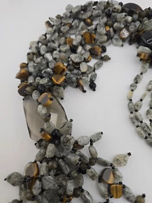 COLAR DECLARAÇÃO PASSARELA PEDRAS PRECIOSAS COM FRANJAS 32" L - OLHO DE TIGRE☆JASPE☆QUARTZO ESFUMAÇADO - Imagem 1 de 4