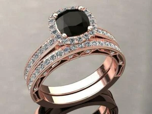 2.7ct Black Simulated Diamond Halo Milgrain Bridal Set Ring Rose Gold Plated - Picture 1 of 7