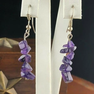 Vtg Fluorite Dangle Earrings Purple Violet Polished Gemstone - Picture 1 of 3