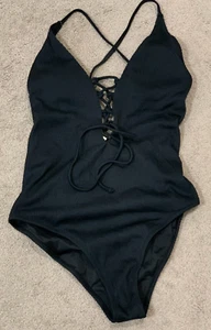 Cupshe Ribbed Knit Lace Up Front Swimsuit Women size Large Black Spaghetti Strap - Picture 1 of 15