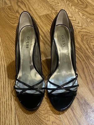 Guess Women Size 8 1/2m Black Patent Leather Open Toe Sexy Stiletto High Heels - Image 1 of 4