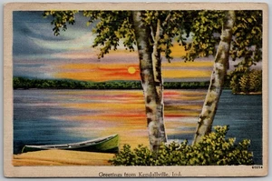 c1949 Grüße aus Kendallville Indiana IN Lake Boot Sonnenuntergang Leinen verschickt - Bild 1 von 2