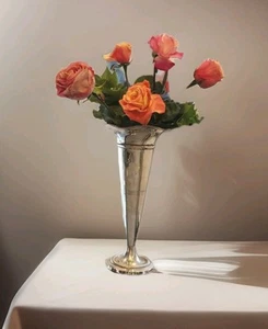 Large Dept. 56 Silver Plate Over Brass Trumpet Vase 15” Tall 9” Diameter - Picture 1 of 7