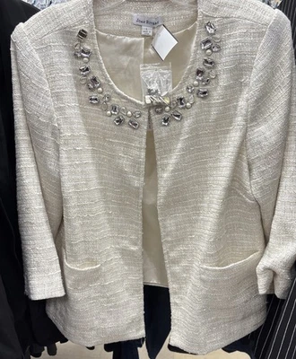 NUEVO CON ETIQUETAS Joan Rivers Mujeres Tweed Crema Secuencia Estrás Cuello Blazer Chaqueta Talla L Foto 1 de 4