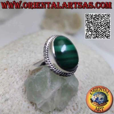 Anello in argento 925 ‰ malachite ovale cabochon (striature orizzontali) contorn - Immagine 1 di 4