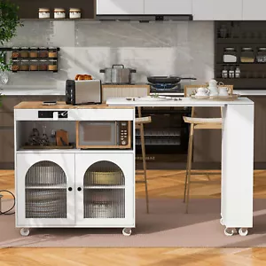 Rolling Kitchen Island Cart w/ LED Lights Power Outlets 2 Glass Doors Open Shelf - Bild 1 von 24