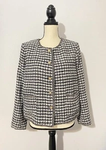 Adrianna Papell Black White Gold Metallic Tweed Blazer Jacket Fringe Size PL NEW - Picture 1 of 11