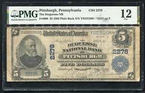 1902 $5 THE DUQUESNE NB OF PITTSBURGH, PA NATIONAL CURRENCY CH. #2278 PMG F-12 - Picture 1 of 2