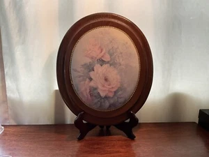 Vintage Oval Wooden Plaque With Pink Roses, Convex Dome Shaped Beaded - Picture 1 of 2