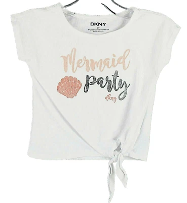 DKNY Top Sz 3T Girls White Peach Black Glitter 'Mermaid Party' Cotton Blend Top - Image 1 of 4