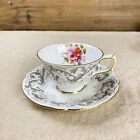 Vintage Royal Crown Derby Grey Scroll Floral Teacup & Saucer