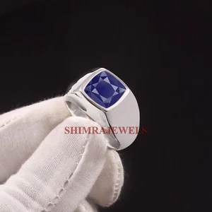 Heated Blue Sapphire With 14K White Gold Plated Silver Ring for Men's #1174 - Picture 1 of 11