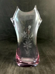 Vintage Czech Neodymium Glass Vase Etched Flowers Front Alexandrite Color Change - Picture 1 of 8