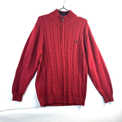 US Polo Assn. Men Henley Jumper Size Medium Red Cable Knit Long Sleeve 1/4 Zip - Image 1 of 4