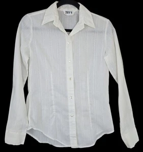 Vtg 70s Women Sz 9 S Ivory Blouse By Try 1 Long Sleeve Button Fitted Waist Sheer - Picture 1 of 7