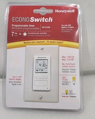 Interruptor Honeywell Home RPLS740B Econo 7 días temporizador programable luces y motores Foto 1 de 4