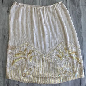 Vintage 100% SILK MIDI-SKIRT SEQUINS BEADING Size M Swee Lo Ivory 80s Retro - Picture 1 of 9
