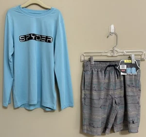 NWT Spyder size S 7 8 blue grey 2 Piece Swim set Shirt and Trunks boys - Picture 1 of 7