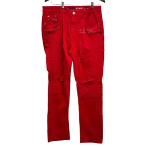 Ravmen Black Label Herren Moto Biker Rot Distressed Slim Fit Jeans Gr. 34 - Bild 1 von 6