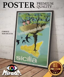 POSTER vintage SICILIA il primo appuntamento con le rondini mare isola vacanze - Foto 1 di 3