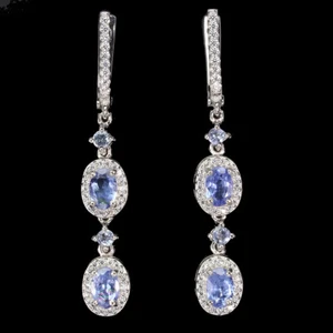 Summer 925 Silver Earrings Oval Blue Tanzanite 6x4mm Gemstone Jewelry - Picture 1 of 9