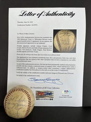 1982 Brewers & Twins Signed Baseball,Uecker,Molitor,Yount PSA/DNA 25 Autos,(B35) - Image 1 of 4