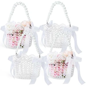 4 Pcs White Flower Girl Basket with Pearl Handle Wedding Flower Basket with H... - Picture 1 of 6