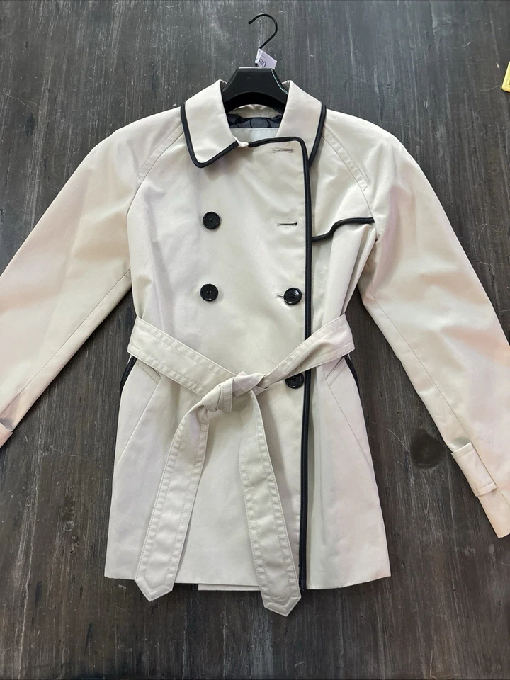 Coach F84237 Bone/Navy Leather Trim Belted Double Breasted Trench Coat Medium