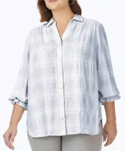 Camicia Foxcroft NYC donna Caspian Puckered primavera a quadri con bottoni 24 W blu Plus - Foto 1 di 5
