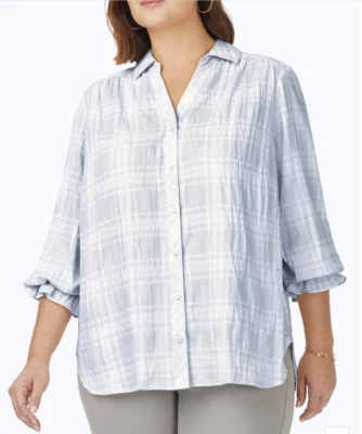 Camisa Foxcroft NYC para mujer Caspio fruncida primavera a cuadros abotonada 24W azul plus Foto 1 de 4