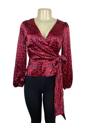Blusa Meraki para mujer roja y negra con estampado de leopardo satinado manga larga abullonada talla S Foto 1 de 4