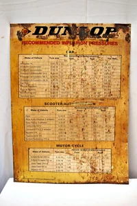Vintage Dunlop Tire Recommended Inflation Pressures Tyres Tin Sign 19x14 Inches - Picture 1 of 5