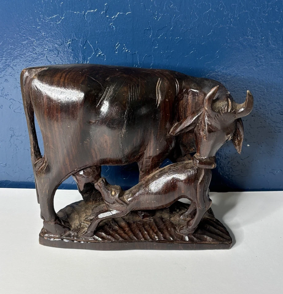 牛小牛雕像复古家居装饰老式木制工艺品室内装饰礼物 — 第 1/4 张图片