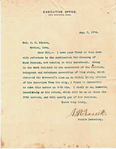 1904 Iowa Gouverneur Albert B. Cummins Executive Office Briefkopf handsigniert - Bild 1 von 1