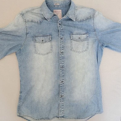Guess Shirt Men’s M Blue Denim Western Button Pockets Long Sleeves. - Image 1 of 4