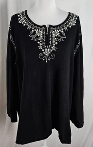 Quacker Factory Womens Pullover Sweater Black Silver Beading Cotton Acrylic 3X - Picture 1 of 8